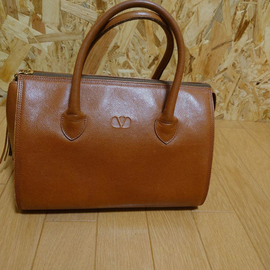 Valentino Garavani Mini Boston Hand Bag Tote Purse Logo Leather Brown Authentic