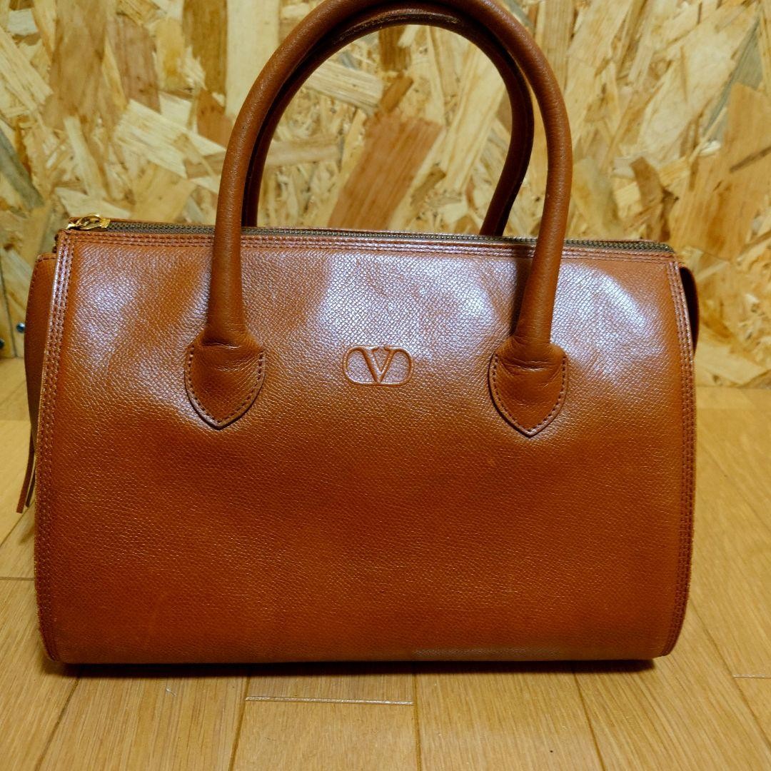 Valentino Garavani Mini Boston Hand Bag Tote Purse Logo Leather Brown Authentic