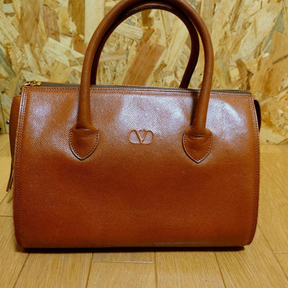 Valentino Garavani Mini Boston Hand Bag Tote Purse Logo Leather Brown Authentic