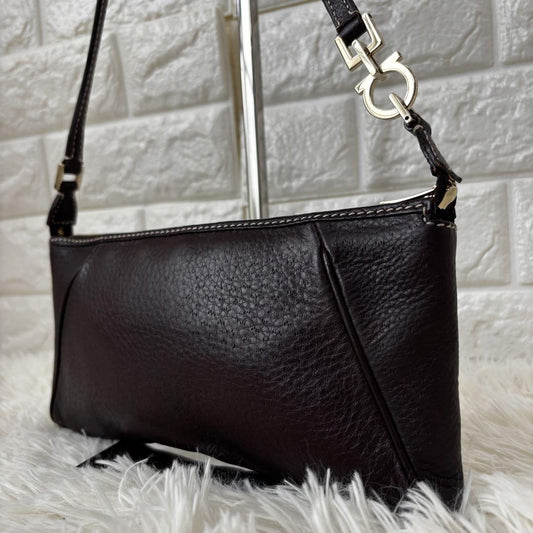 Salvatore Ferragamo Accessory Pouch Hand Tote Purse Gancini Leather Dark Brown