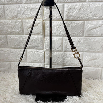 Salvatore Ferragamo Accessory Pouch Hand Tote Purse Gancini Leather Dark Brown
