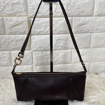 Salvatore Ferragamo Accessory Pouch Hand Tote Purse Gancini Leather Dark Brown