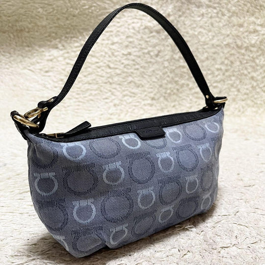 Salvatore Ferragamo Accessory Pouch Hand Tote Purse Gancini Canvas Leather Blue
