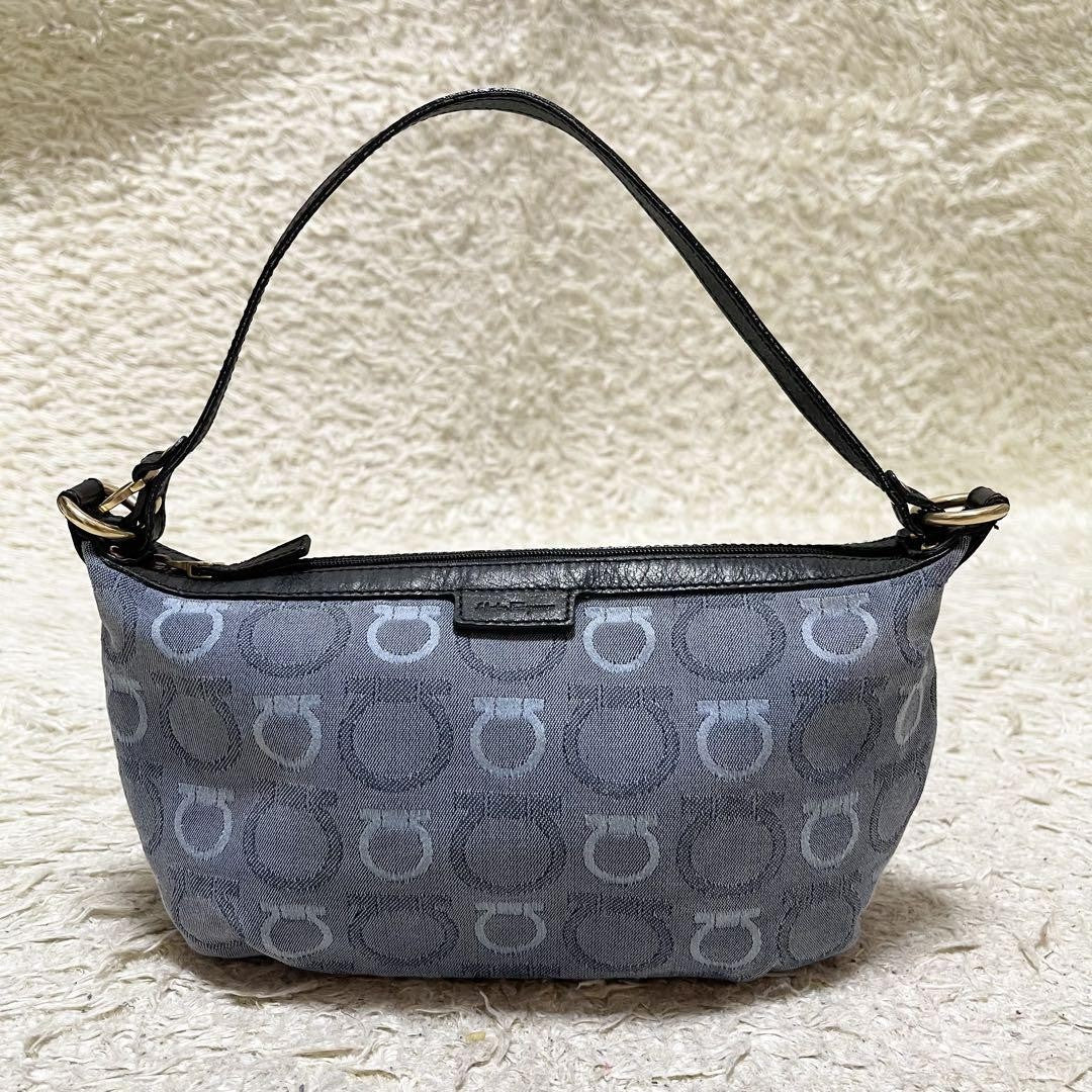 Salvatore Ferragamo Accessory Pouch Hand Tote Purse Gancini Canvas Leather Blue