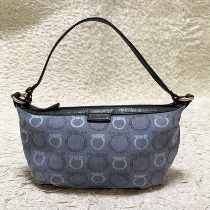 Salvatore Ferragamo Accessory Pouch Hand Tote Purse Gancini Canvas Leather Blue