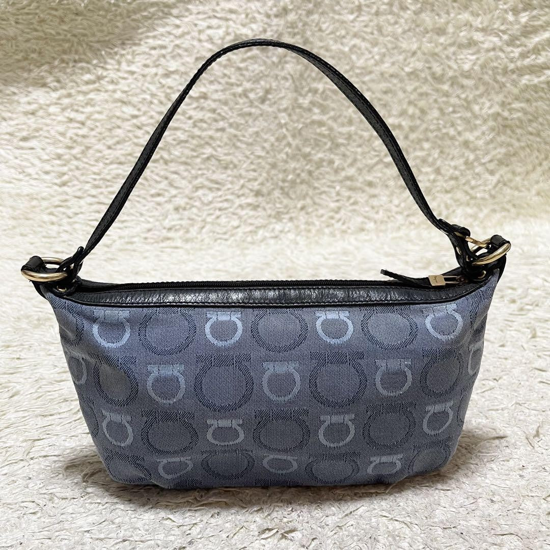 Salvatore Ferragamo Accessory Pouch Hand Tote Purse Gancini Canvas Leather Blue