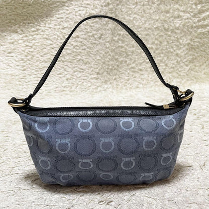 Salvatore Ferragamo Accessory Pouch Hand Tote Purse Gancini Canvas Leather Blue