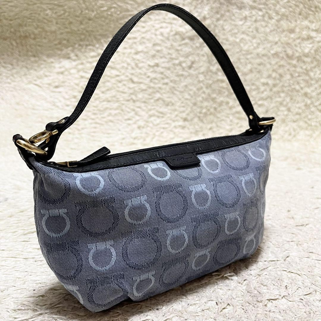 Salvatore Ferragamo Accessory Pouch Hand Tote Purse Gancini Canvas Leather Blue