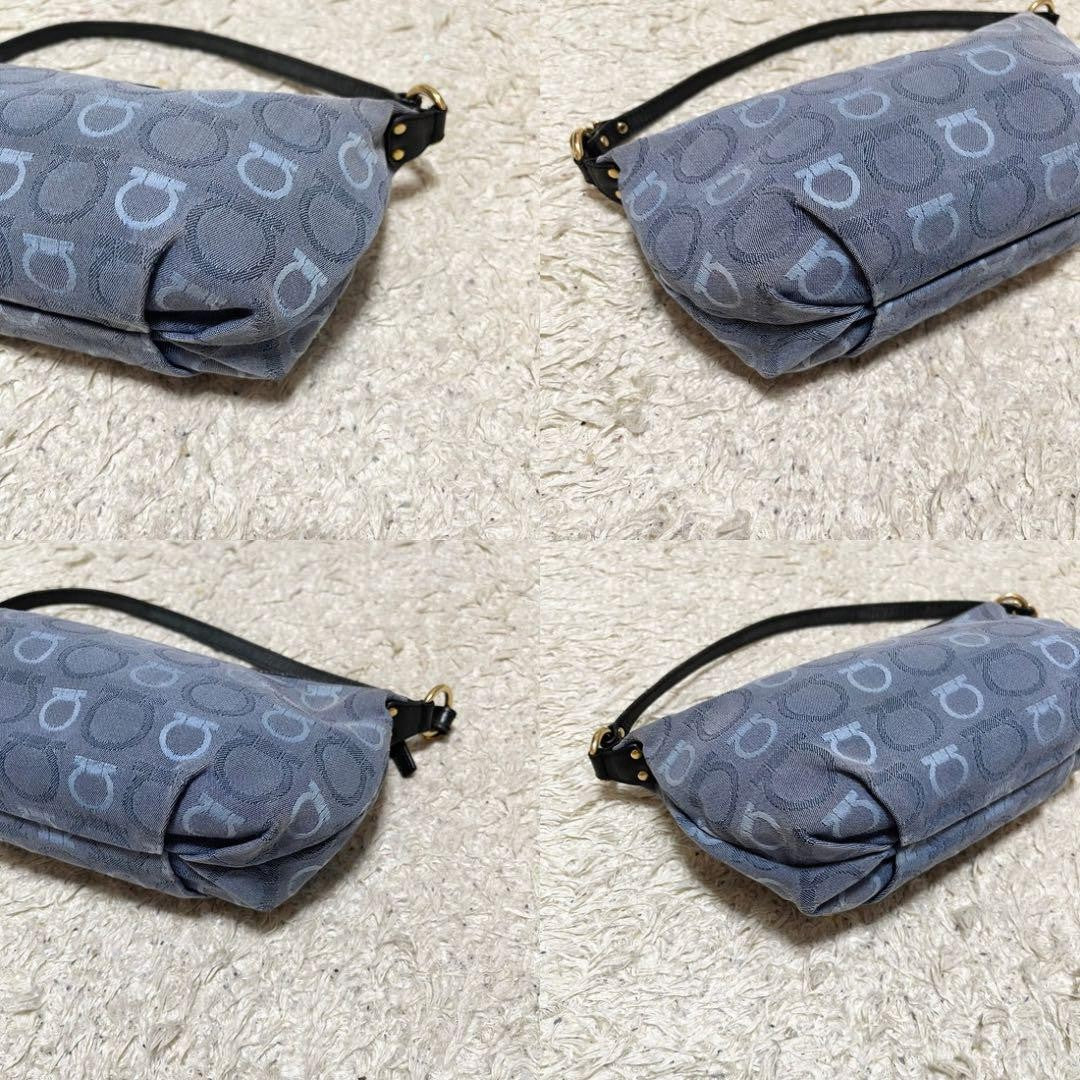 Salvatore Ferragamo Accessory Pouch Hand Tote Purse Gancini Canvas Leather Blue
