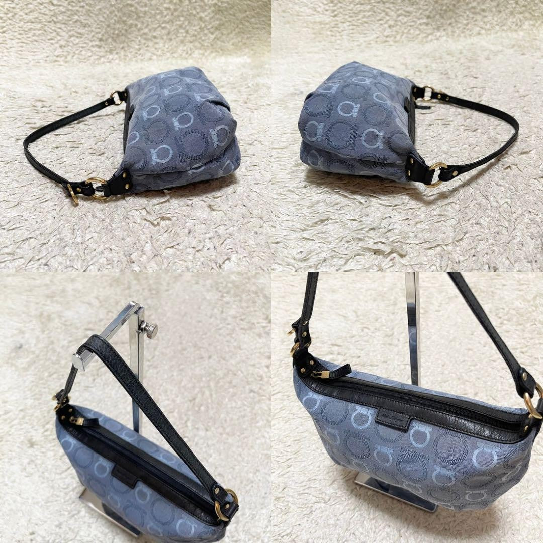 Salvatore Ferragamo Accessory Pouch Hand Tote Purse Gancini Canvas Leather Blue