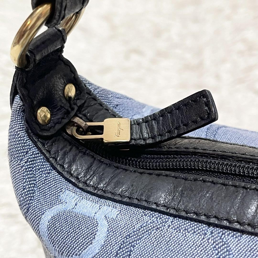 Salvatore Ferragamo Accessory Pouch Hand Tote Purse Gancini Canvas Leather Blue