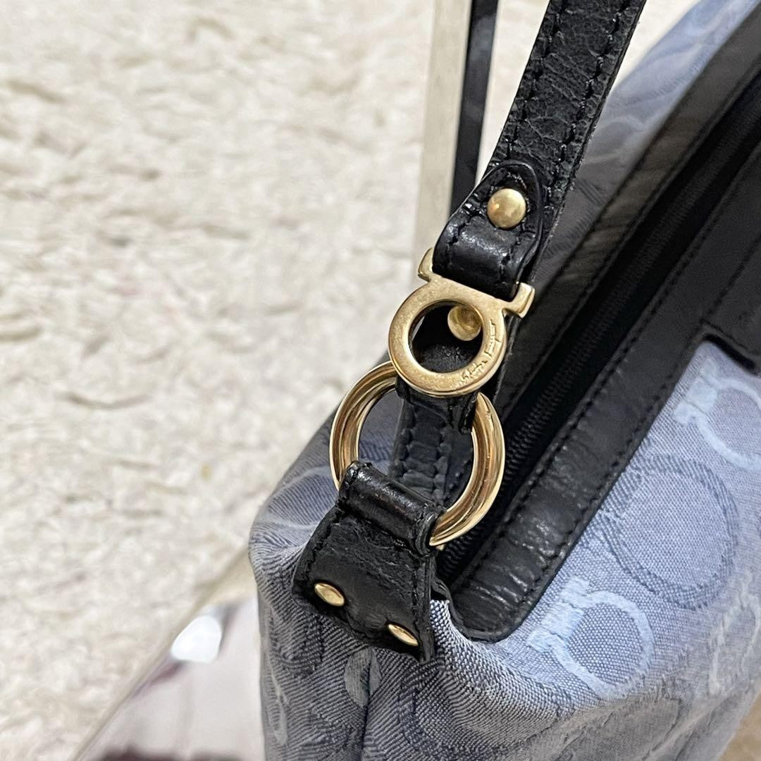 Salvatore Ferragamo Accessory Pouch Hand Tote Purse Gancini Canvas Leather Blue