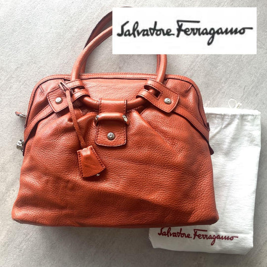 Salvatore Ferragamo Hand Bag Tote Purse Leather Orange Authentic