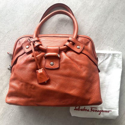 Salvatore Ferragamo Hand Bag Tote Purse Leather Orange Authentic