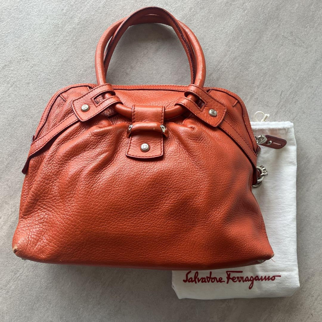 Salvatore Ferragamo Hand Bag Tote Purse Leather Orange Authentic