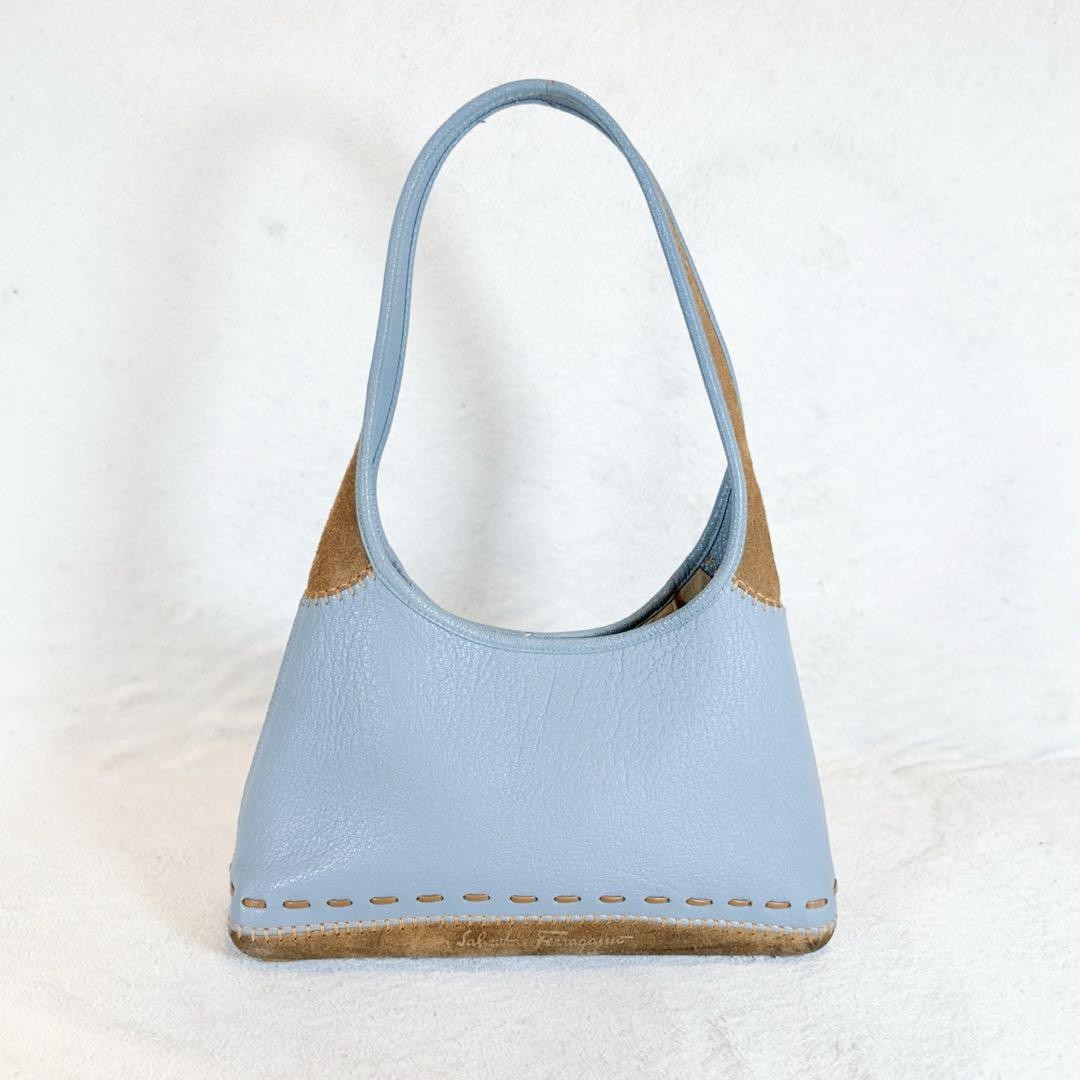 Salvatore Ferragamo Shoulder Bag Purse Leather Suede Light Blue Camel Authentic