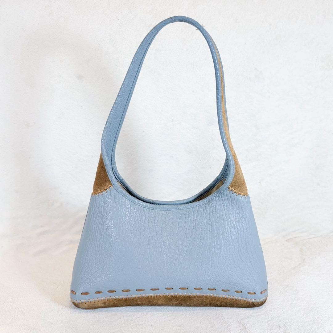 Salvatore Ferragamo Shoulder Bag Purse Leather Suede Light Blue Camel Authentic