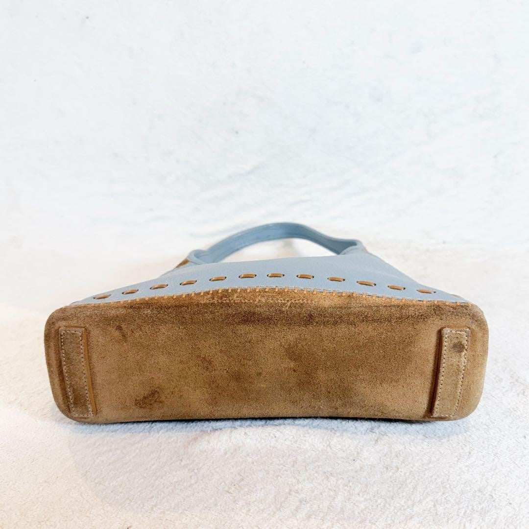 Salvatore Ferragamo Shoulder Bag Purse Leather Suede Light Blue Camel Authentic