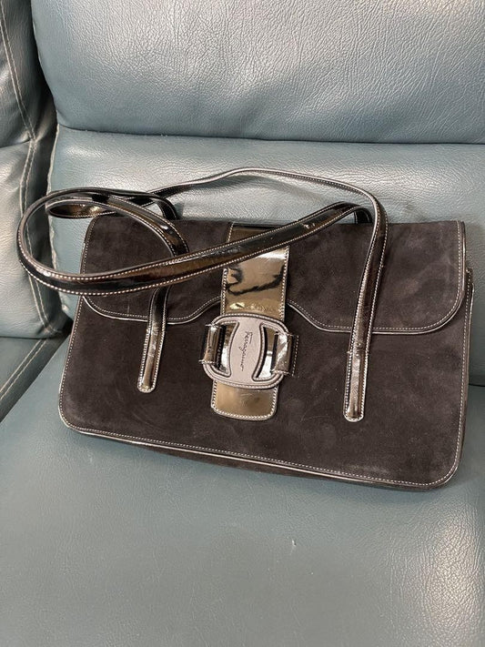 Salvatore Ferragamo Hand Bag Tote Purse Suede Dark Brown Authentic