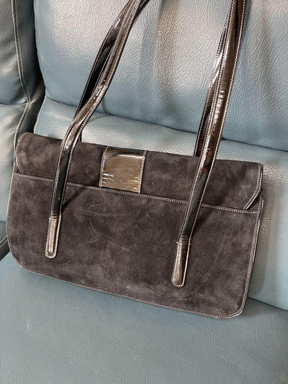 Salvatore Ferragamo Hand Bag Tote Purse Suede Dark Brown Authentic