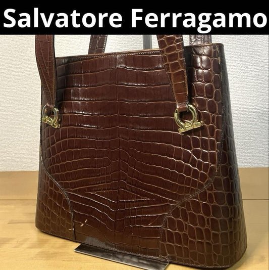Salvatore Ferragamo Hand Shoulder Bag Tote Purse Gancini Leather Brown Authentic
