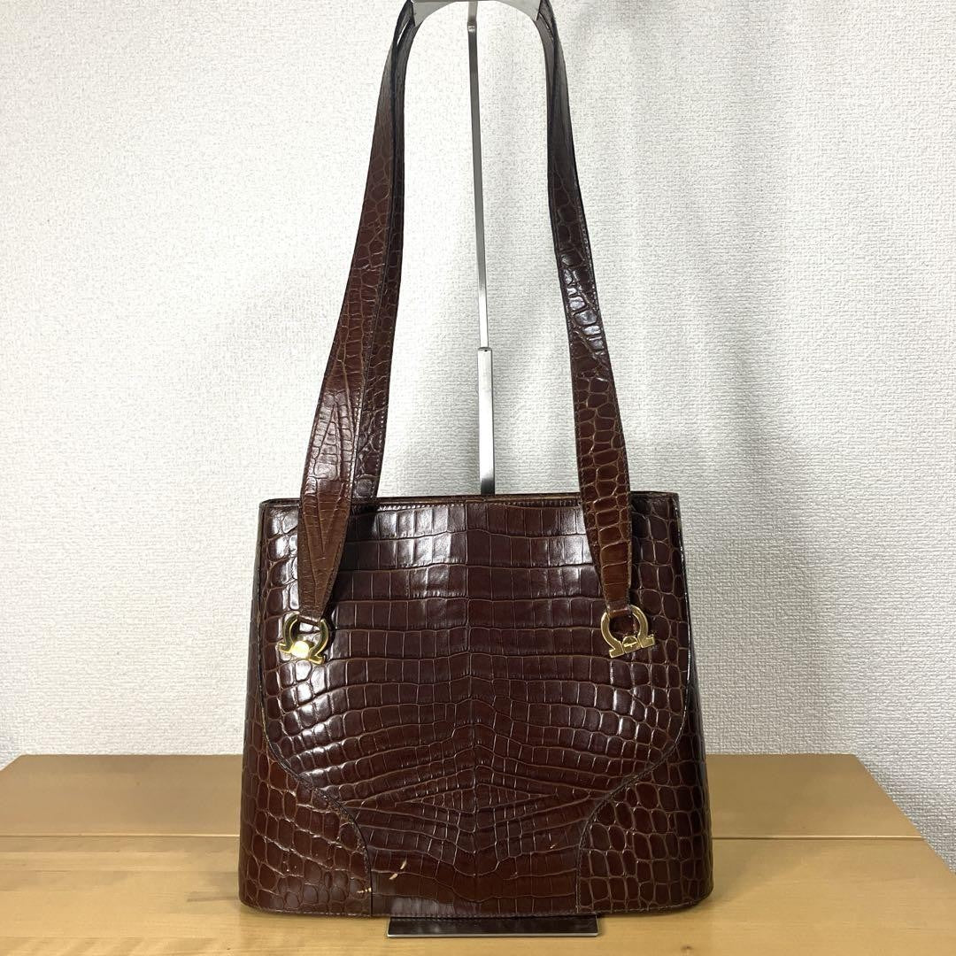 Salvatore Ferragamo Hand Shoulder Bag Tote Purse Gancini Leather Brown Authentic