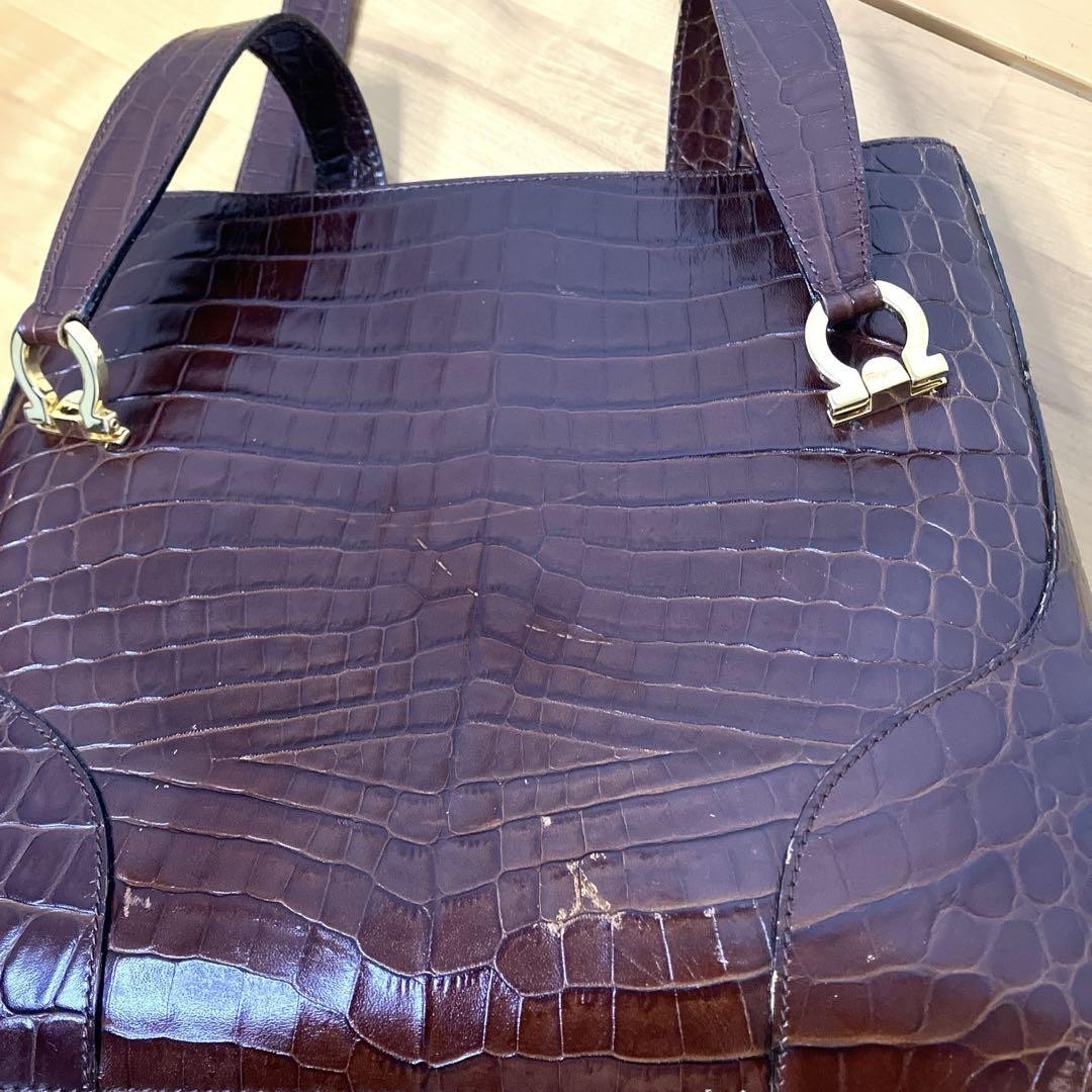 Salvatore Ferragamo Hand Shoulder Bag Tote Purse Gancini Leather Brown Authentic