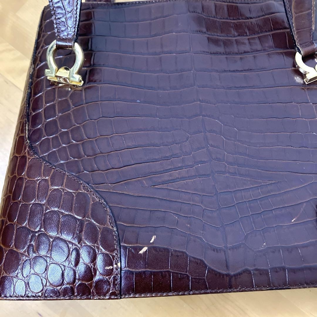 Salvatore Ferragamo Hand Shoulder Bag Tote Purse Gancini Leather Brown Authentic