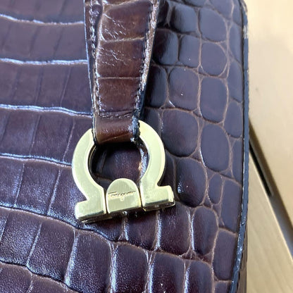 Salvatore Ferragamo Hand Shoulder Bag Tote Purse Gancini Leather Brown Authentic