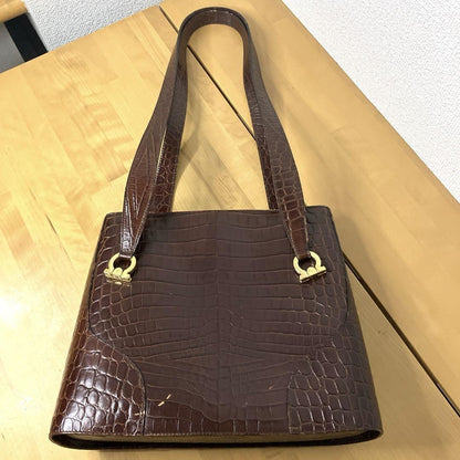 Salvatore Ferragamo Hand Shoulder Bag Tote Purse Gancini Leather Brown Authentic