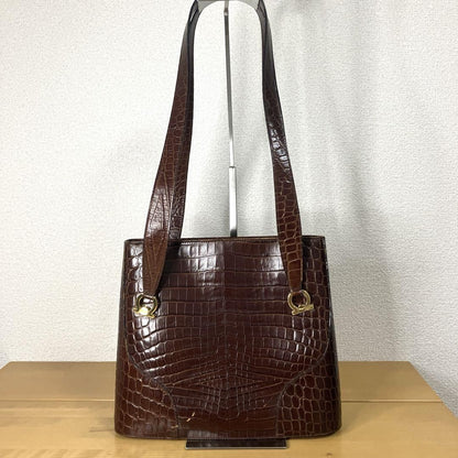 Salvatore Ferragamo Hand Shoulder Bag Tote Purse Gancini Leather Brown Authentic