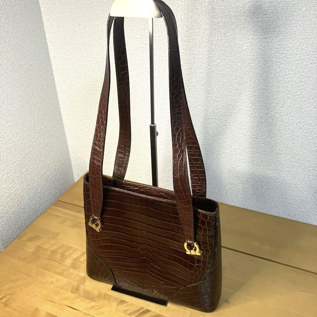 Salvatore Ferragamo Hand Shoulder Bag Tote Purse Gancini Leather Brown Authentic