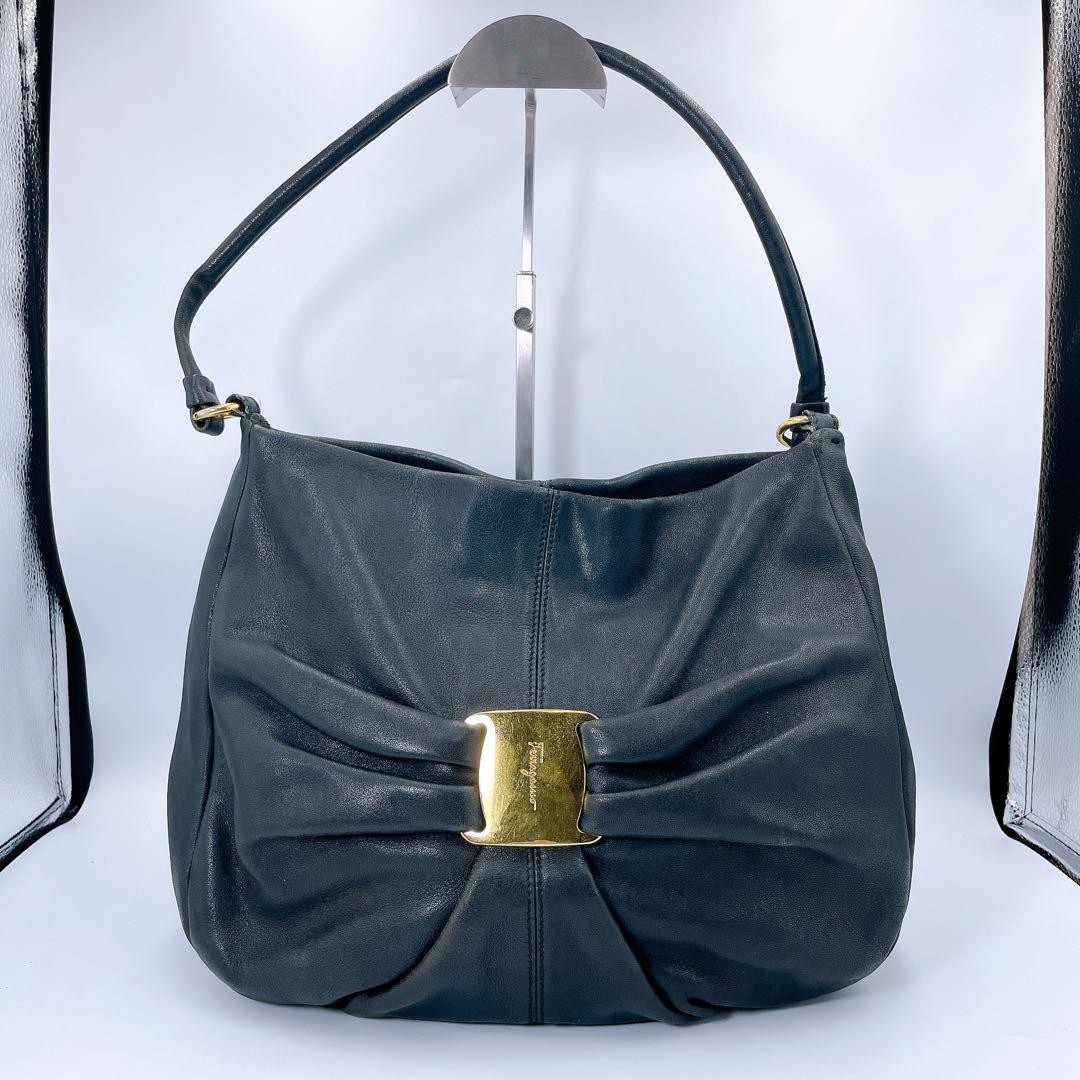 Salvatore Ferragamo Hand Shoulder Bag Tote Purse Vara Ribbon Black Authentic