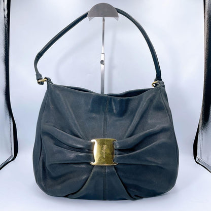 Salvatore Ferragamo Hand Shoulder Bag Tote Purse Vara Ribbon Black Authentic