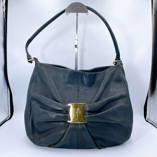 Salvatore Ferragamo Hand Shoulder Bag Tote Purse Vara Ribbon Black Authentic