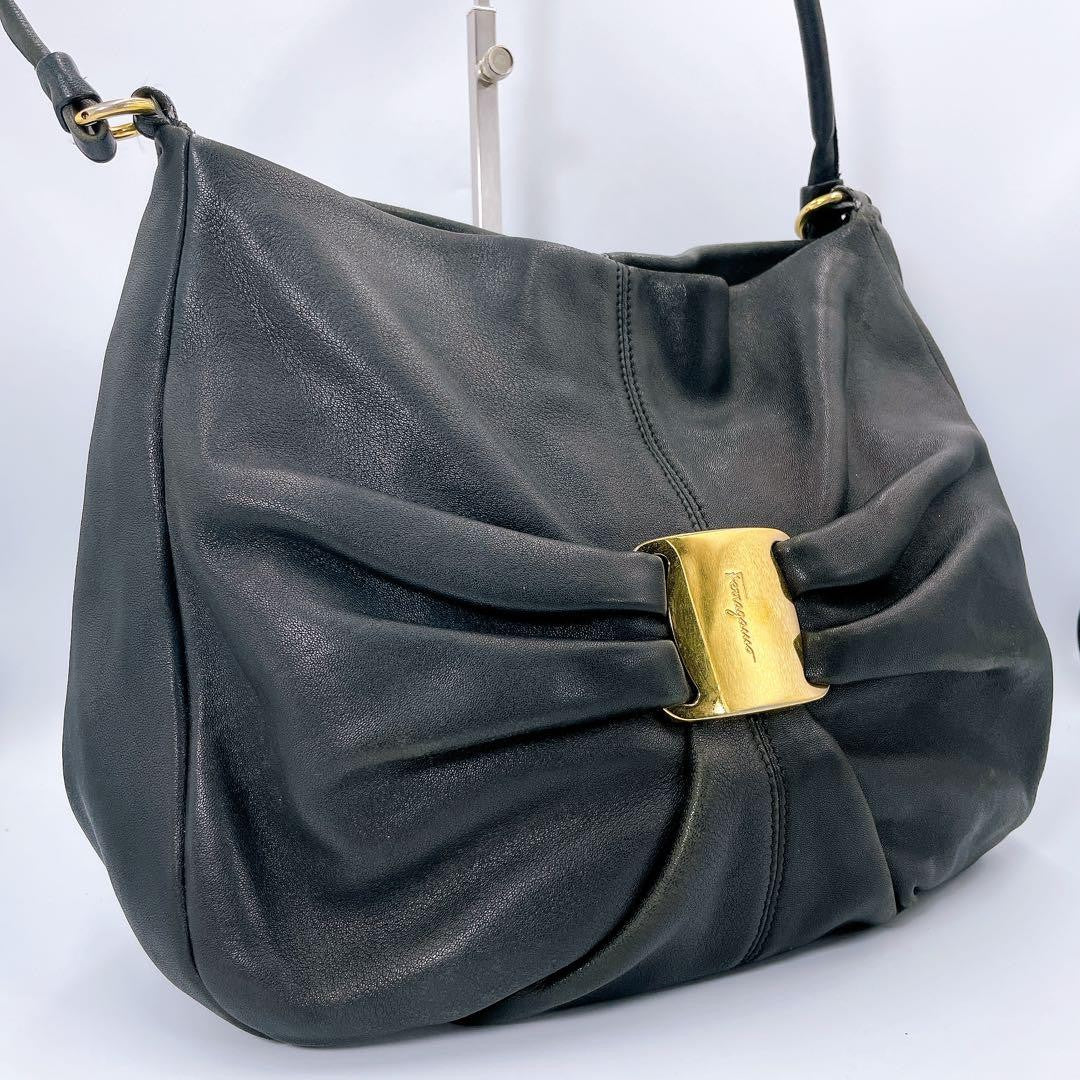 Salvatore Ferragamo Hand Shoulder Bag Tote Purse Vara Ribbon Black Authentic