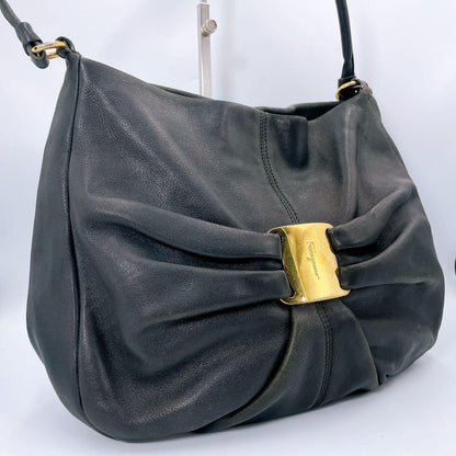 Salvatore Ferragamo Hand Shoulder Bag Tote Purse Vara Ribbon Black Authentic