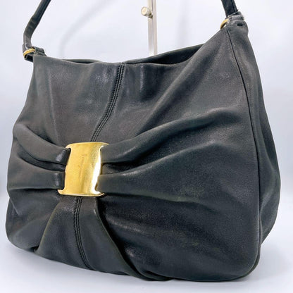 Salvatore Ferragamo Hand Shoulder Bag Tote Purse Vara Ribbon Black Authentic