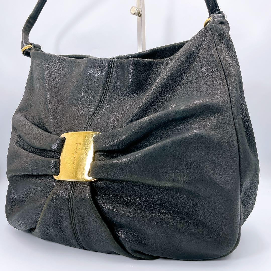 Salvatore Ferragamo Hand Shoulder Bag Tote Purse Vara Ribbon Black Authentic