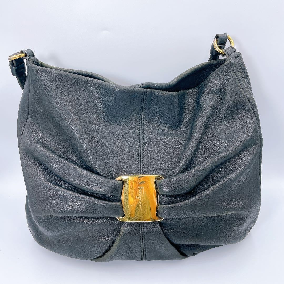 Salvatore Ferragamo Hand Shoulder Bag Tote Purse Vara Ribbon Black Authentic