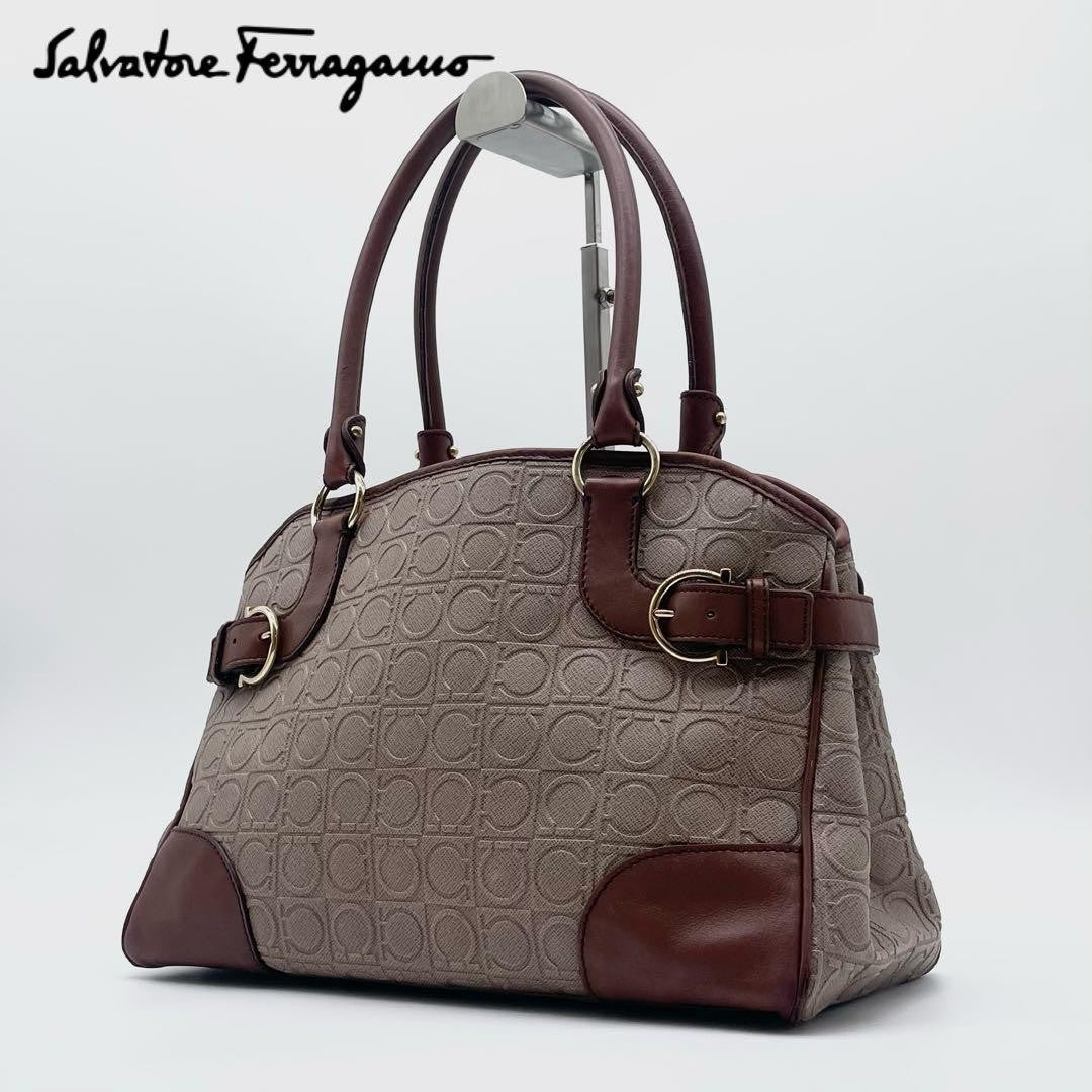 Salvatore Ferragamo Hand Bag Tote Purse Gancini Leather PVC Brown Authentic