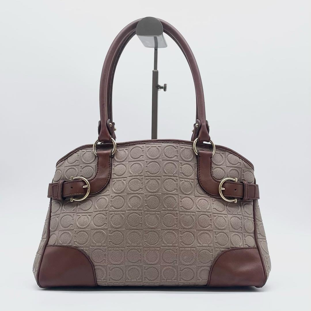 Salvatore Ferragamo Hand Bag Tote Purse Gancini Leather PVC Brown Authentic