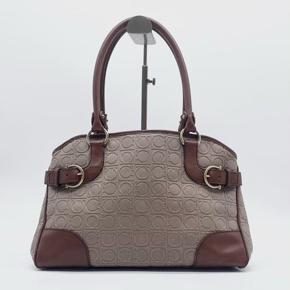 Salvatore Ferragamo Hand Bag Tote Purse Gancini Leather PVC Brown Authentic