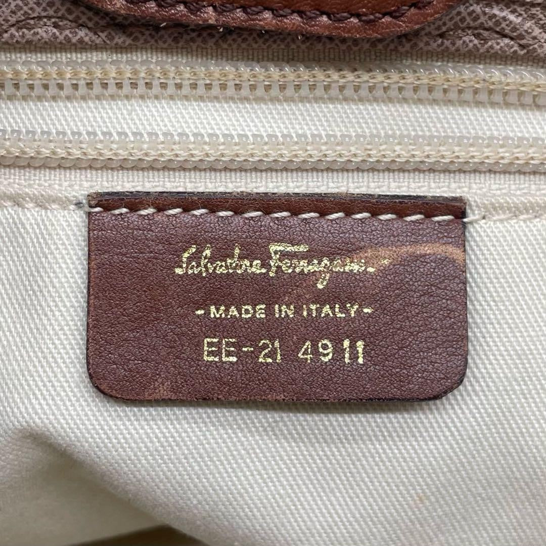 Salvatore Ferragamo Hand Bag Tote Purse Gancini Leather PVC Brown Authentic