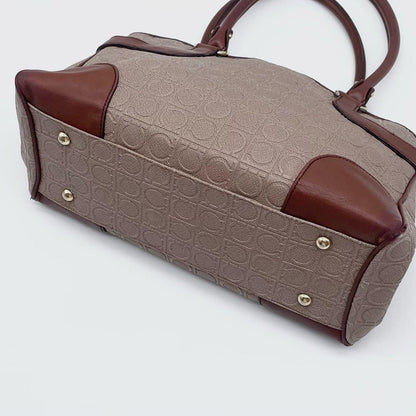 Salvatore Ferragamo Hand Bag Tote Purse Gancini Leather PVC Brown Authentic