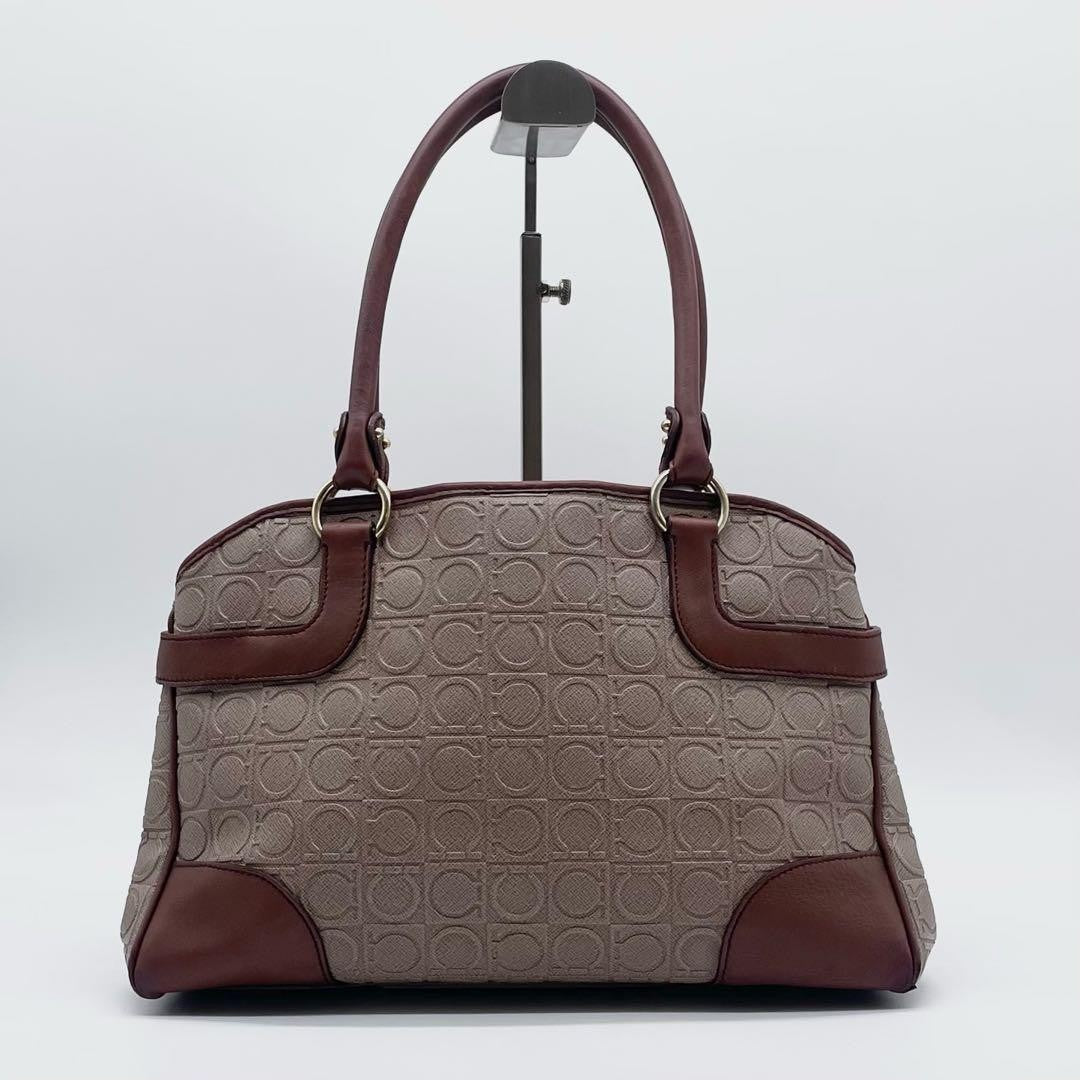 Salvatore Ferragamo Hand Bag Tote Purse Gancini Leather PVC Brown Authentic