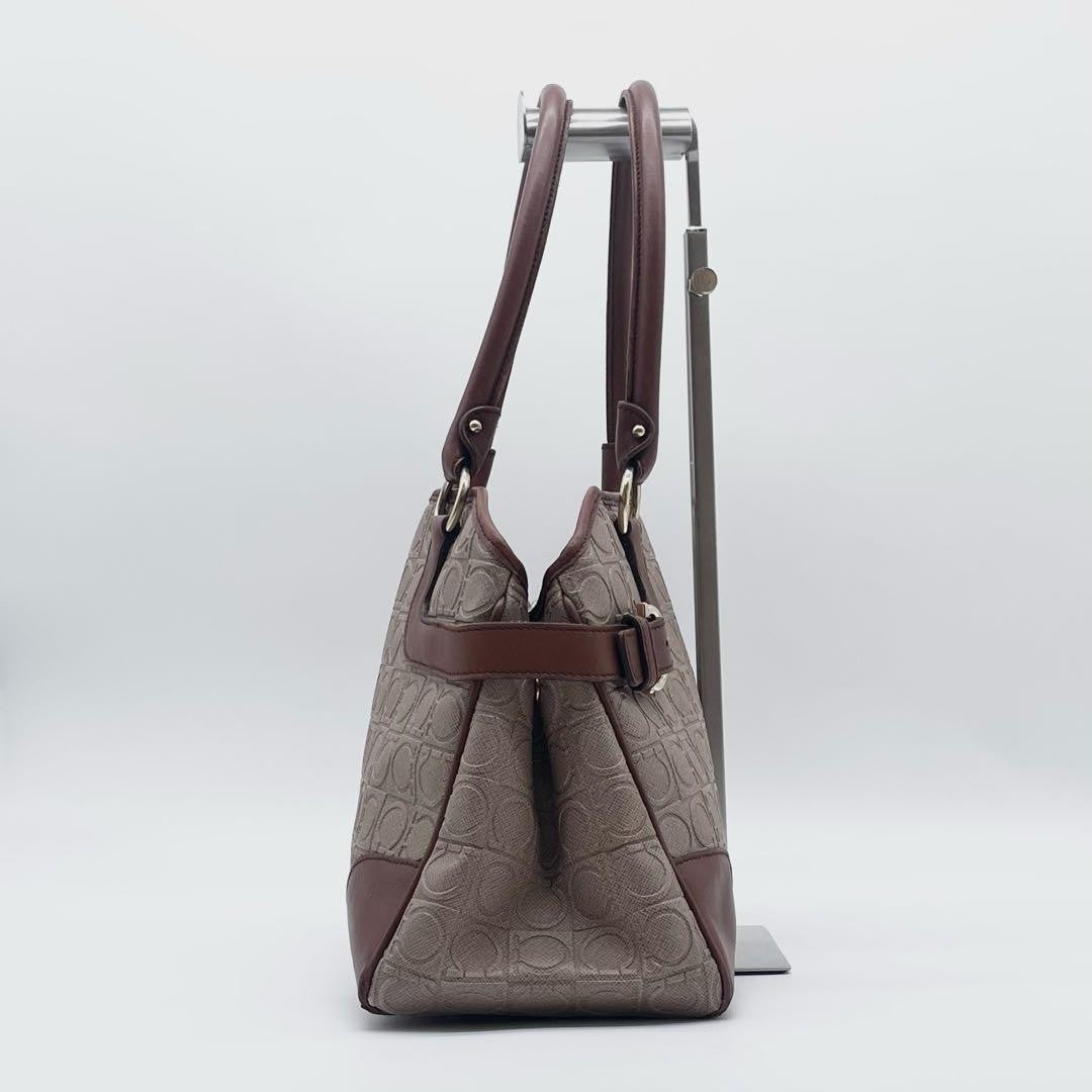 Salvatore Ferragamo Hand Bag Tote Purse Gancini Leather PVC Brown Authentic