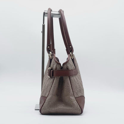 Salvatore Ferragamo Hand Bag Tote Purse Gancini Leather PVC Brown Authentic