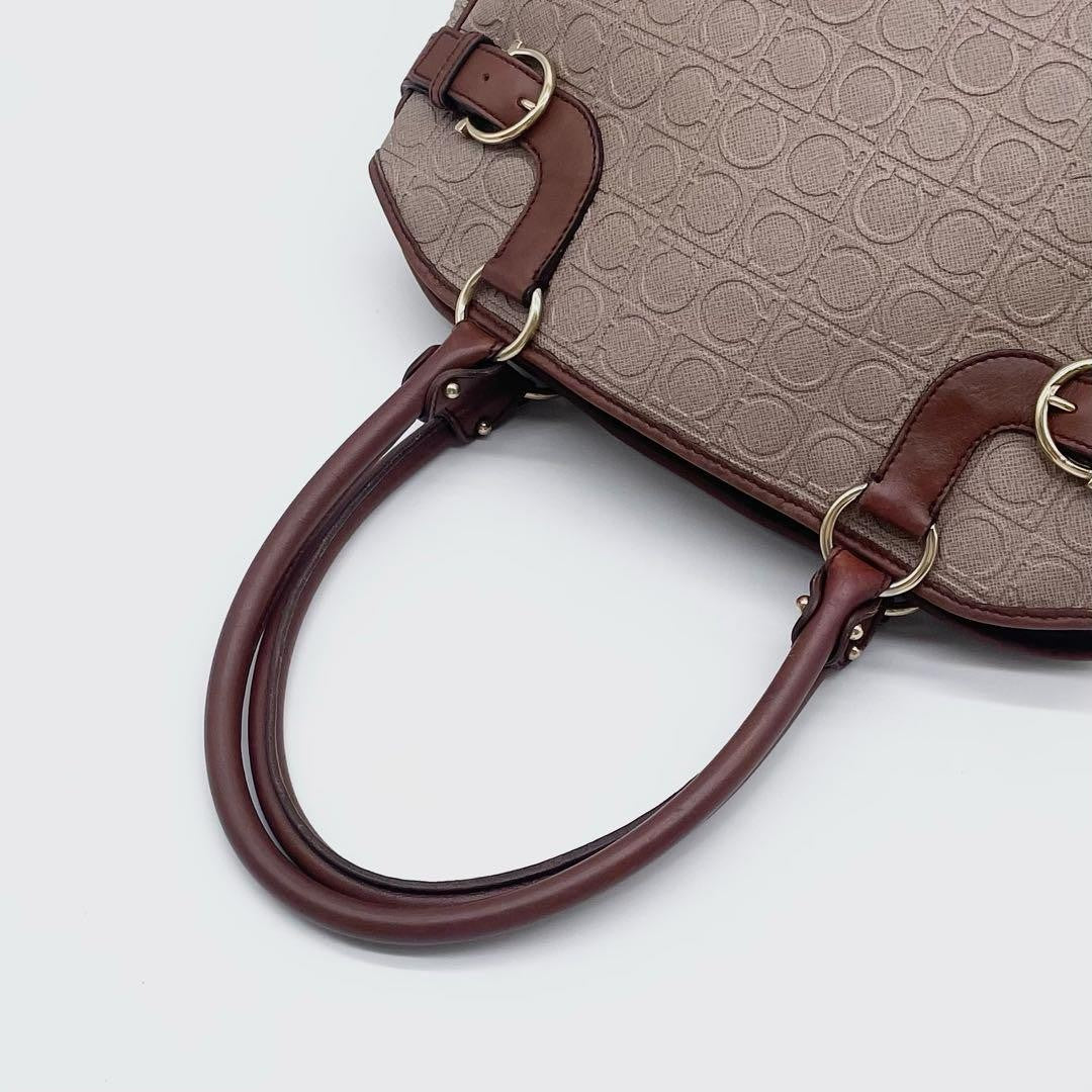 Salvatore Ferragamo Hand Bag Tote Purse Gancini Leather PVC Brown Authentic