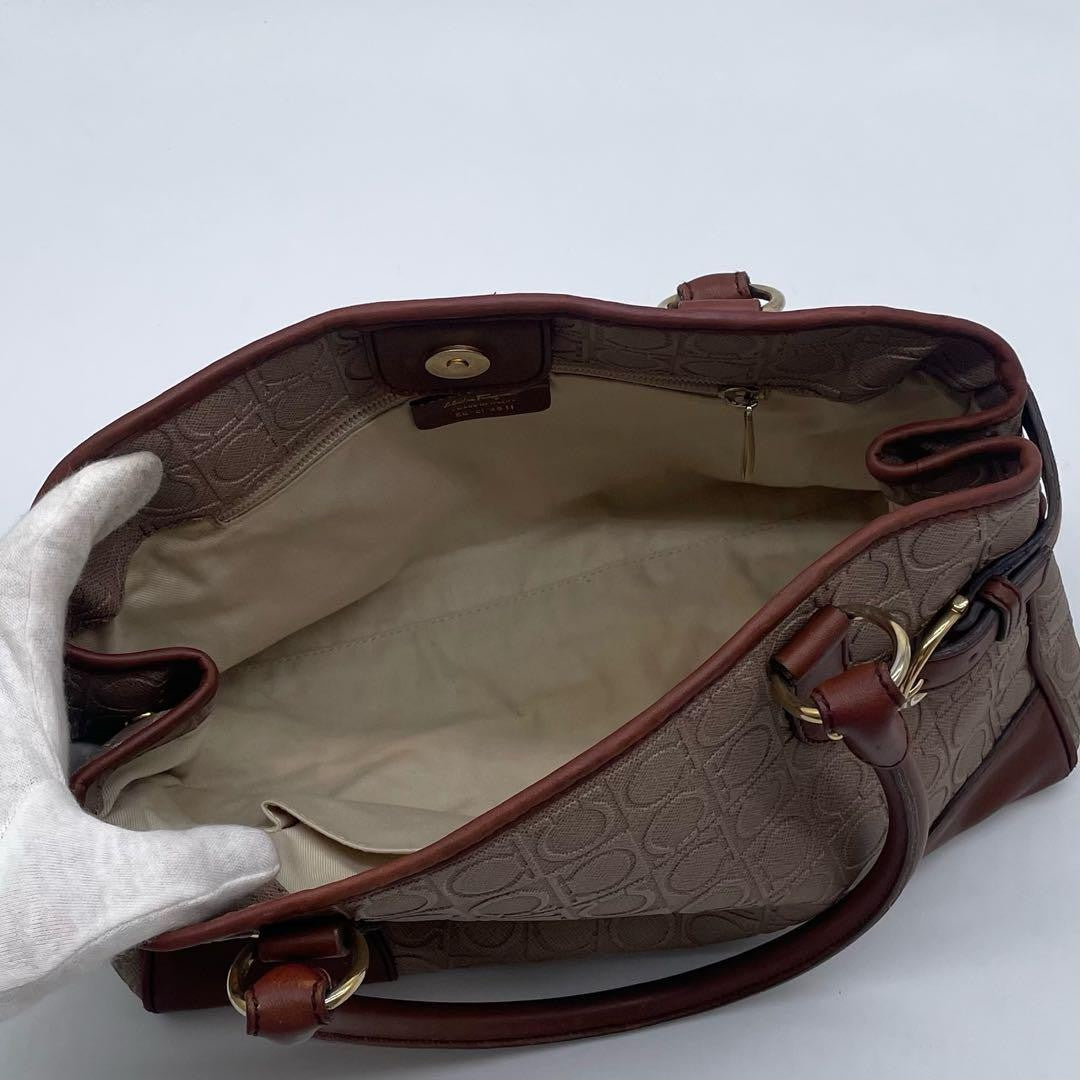 Salvatore Ferragamo Hand Bag Tote Purse Gancini Leather PVC Brown Authentic
